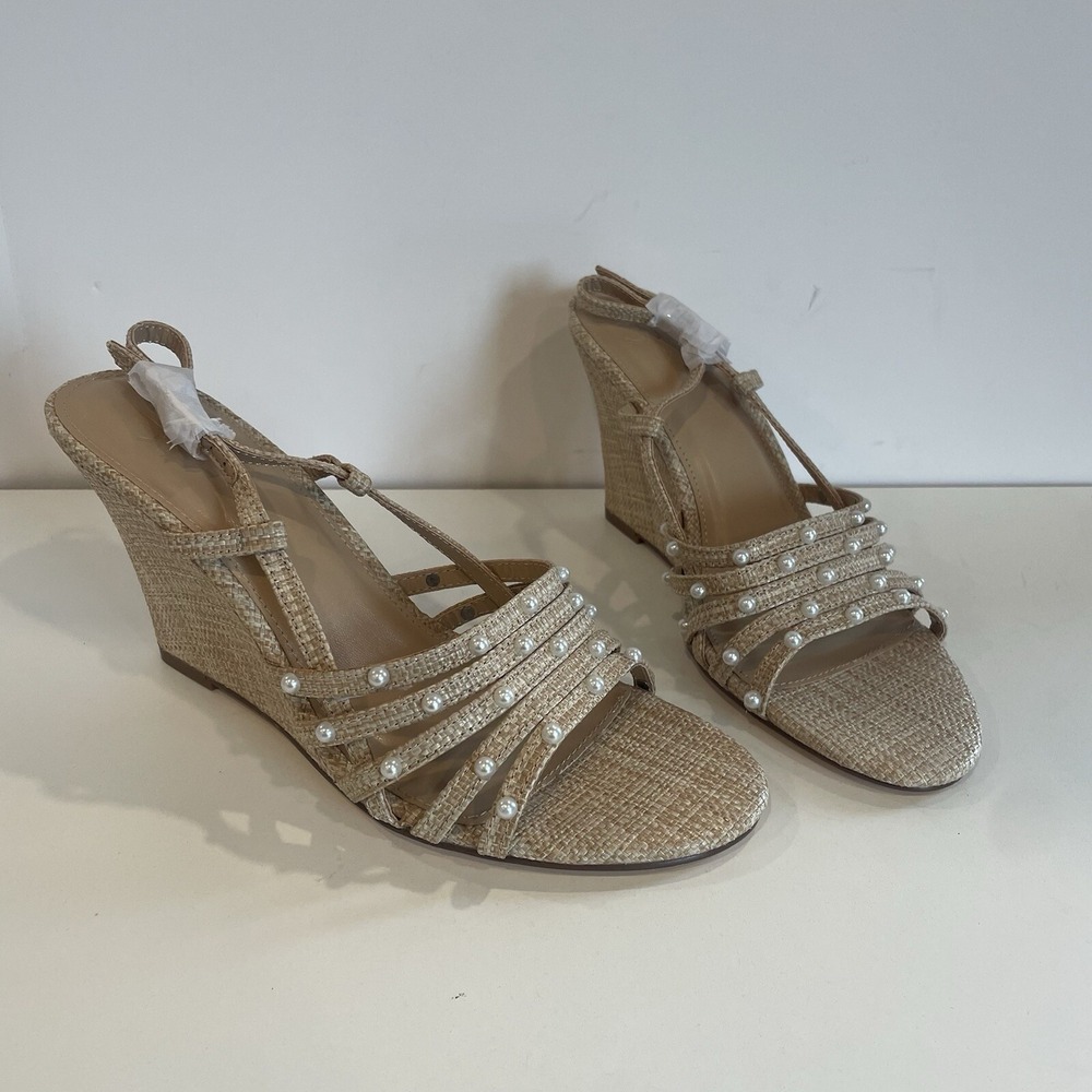 Just Fab Solana Woven Look Tan Pearl Accents Wedge Sandals Women's‎ 8.5